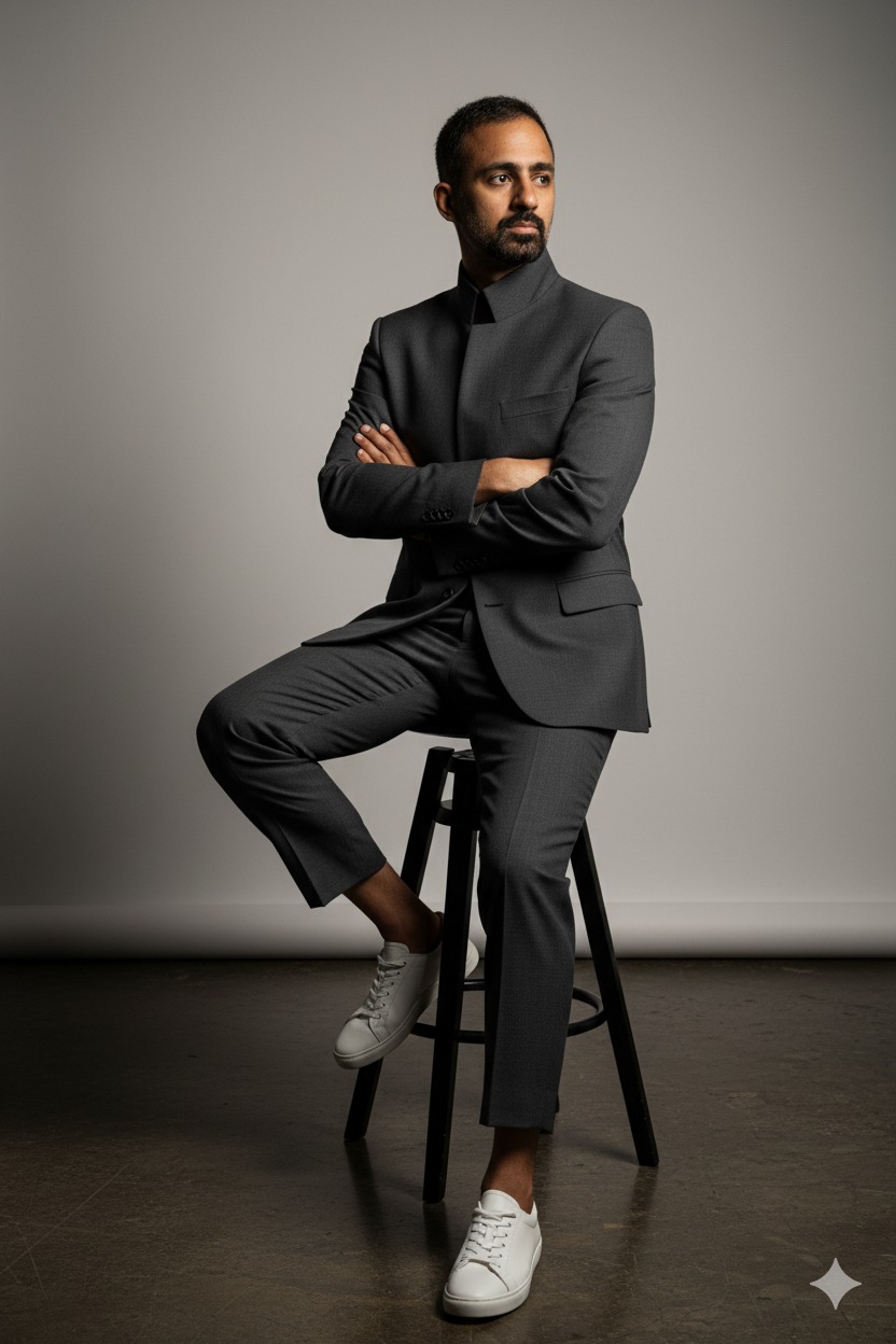 Satyn in a tailored suit on a studio stool